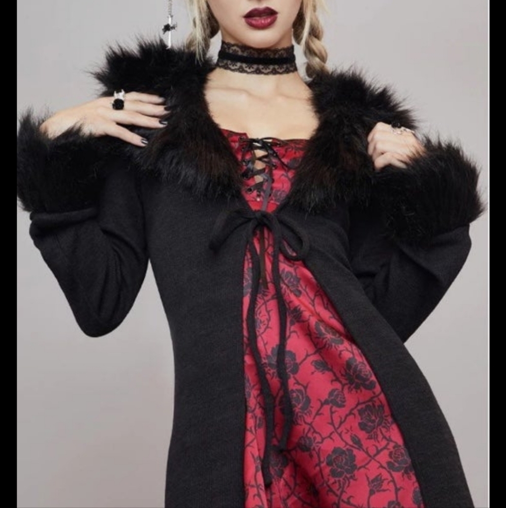 Widow Forever Nocturnal Black Knit Duster Faux Fur Trim Maxi Cardigan Sweater M